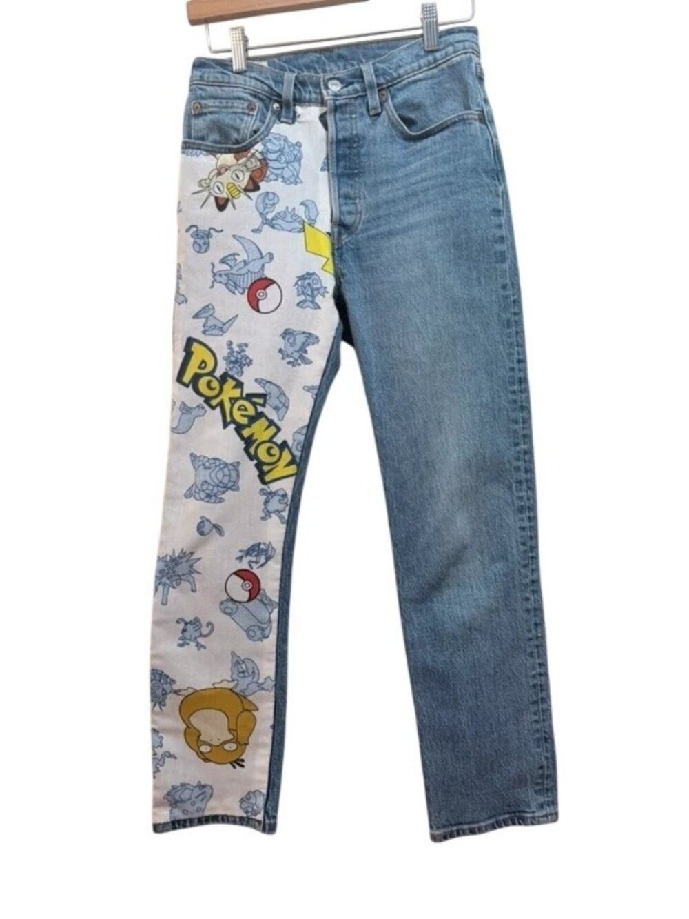 Custom Reworked 1-of-1 Levi's 501 Crop Jeans Pokémon Graphic Leg W26 L26.5 Upcyc